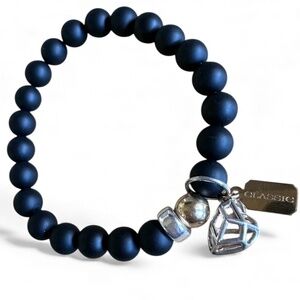 Matte Onyx Stretch Bracelet w/ Sterling Silver Geometric Heart Charm & Accents